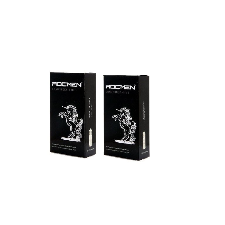 Bao Cao Su💕Freeship💕Rocmen Long Shock 4in1 Kéo Dài Thời Gian Màu Black Có Gân Gai - Hộp 12 cái