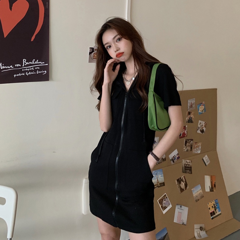 Đầm hoodie PERTY ôm vừa vặn tay ngắn có khóa kéo phong cách Hàn Quốc thời trang dành cho nữ