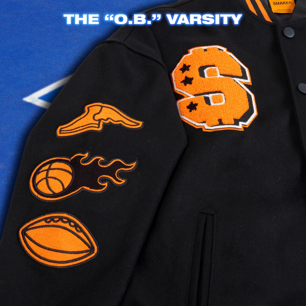 Áo khoác Bomber cúc bấm Local Brand, màu đen vàng, chất liệu Suede cao cấp - THE "O.B." VARSITY JACKET IN BLACK