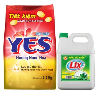 Bột giặt Yes nước hoa 5,5kg tặng Nước rửa chén Lix chanh 1,5kg