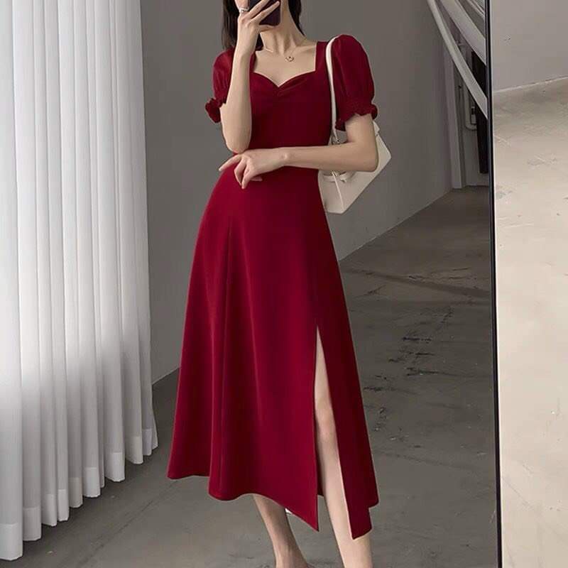 (Đầm sale) Đầm Tiểu Thư Tay Phồng Midi Dáng Suông Dài Sẻ Tà, Đầm Nữ Thanh Lịch Mặc Đi Chơi, Váy Sẻ Tà Màu Trơn Đơn Giản