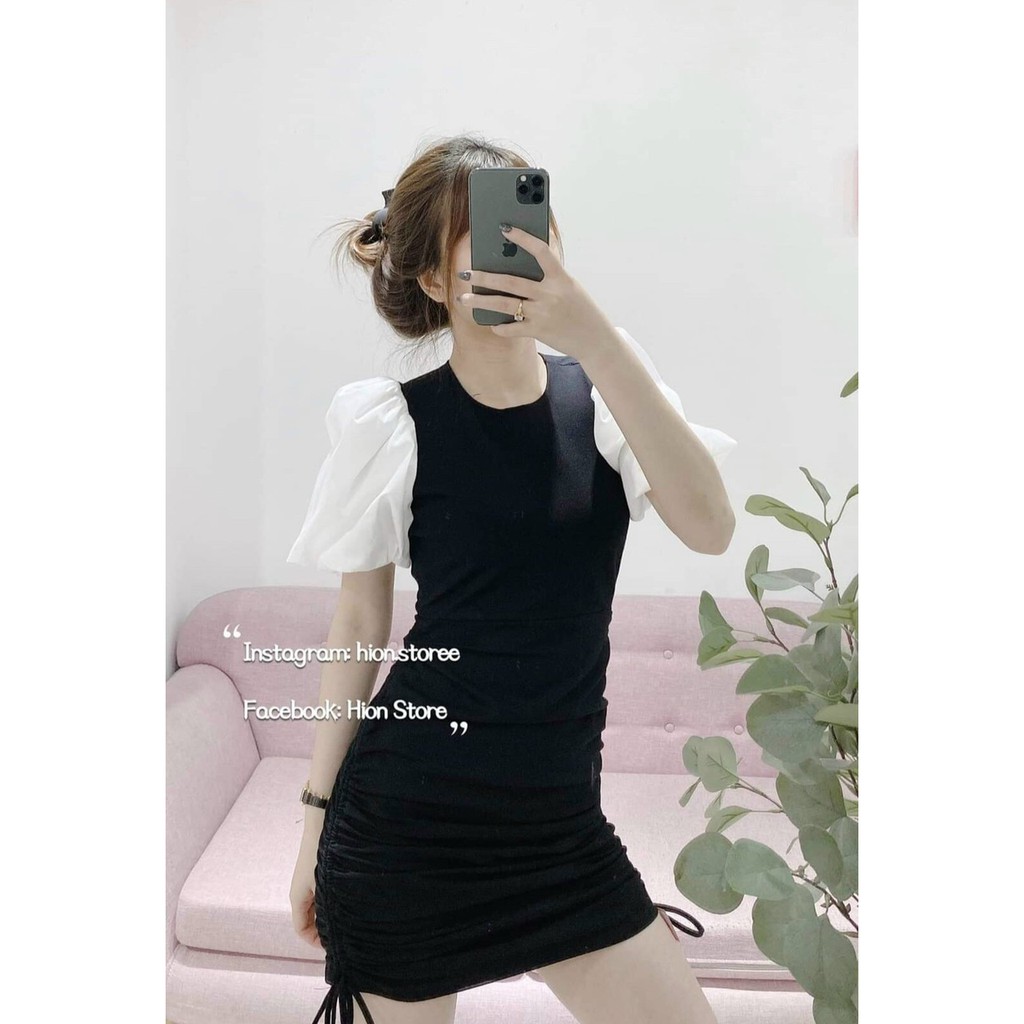 đầm body tay phối voan gút dây hai bên