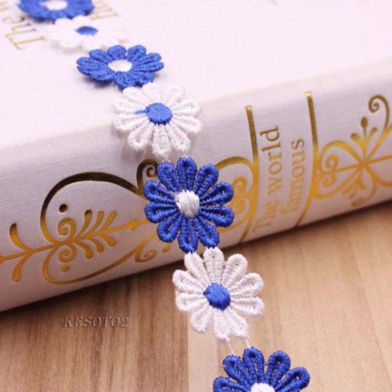 3 Yards 25mm Daisy Flowers Embroidery Lace Trim Ribbon Sewing Crafts Blue