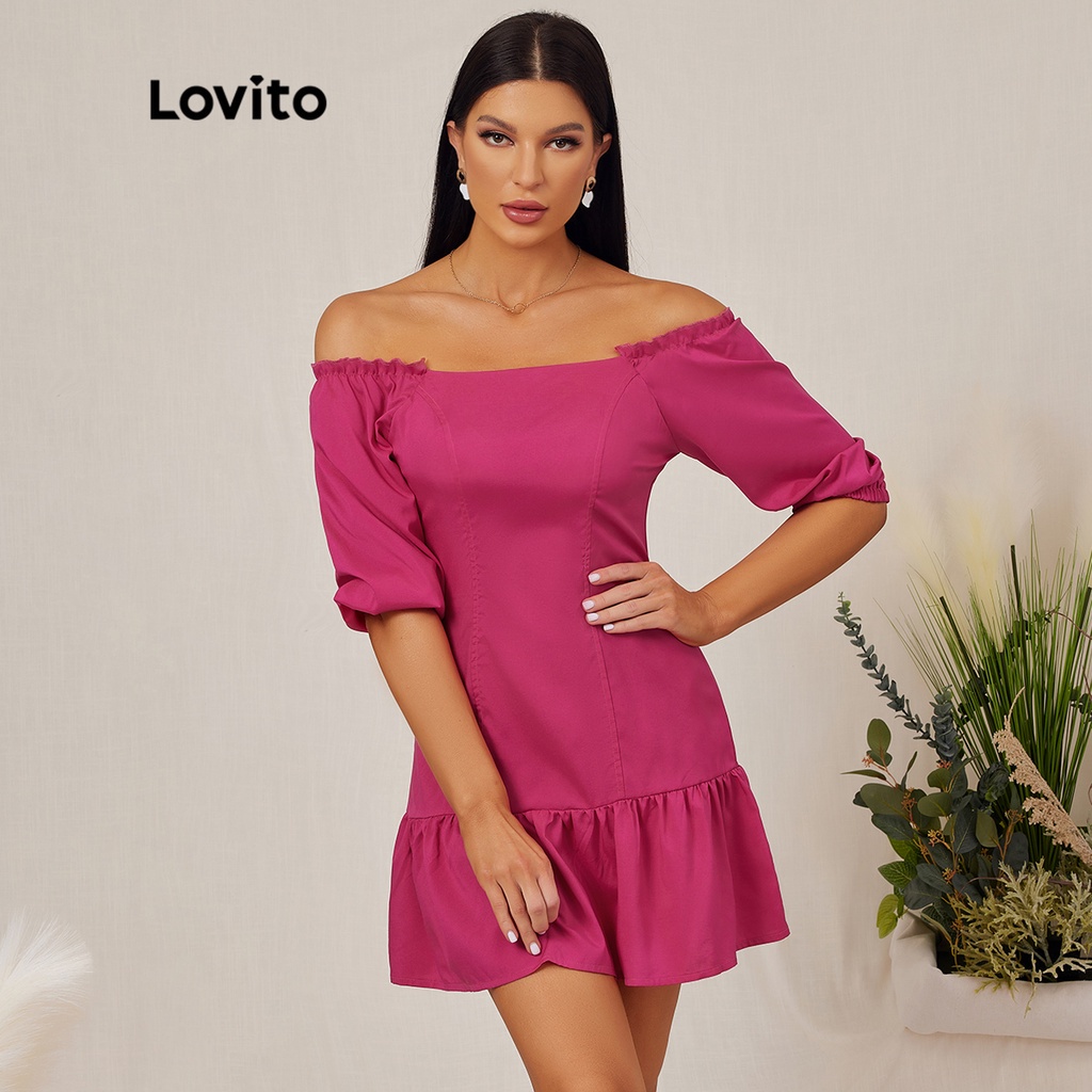 Đầm Lovito kiểu hở vai lai nhún bèo phối khóa kéo quyến rũ L18E014 (hồng đậm)