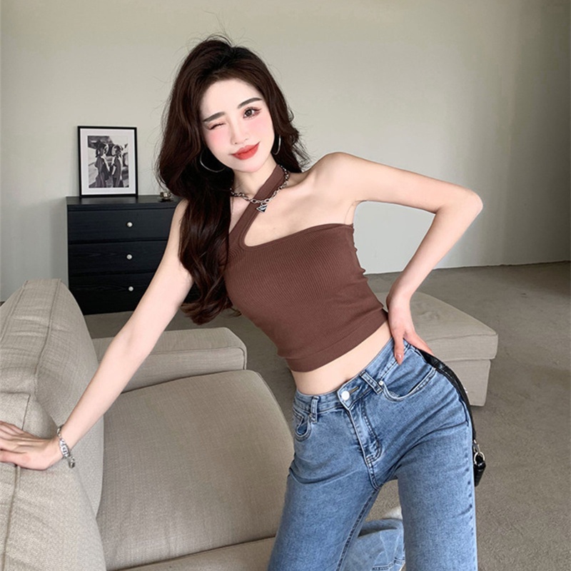 Áo Lửng Dệt Kim Cổ Yếm Chữ V Lệch Vai Có Miếng Đệm Ngực Cho Nữ