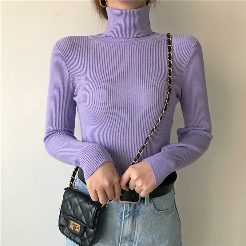 Áo Sweater Dệt Kim Cổ Lọ Tay Dài Màu Sắc Xinh Xắn Cho Nữ