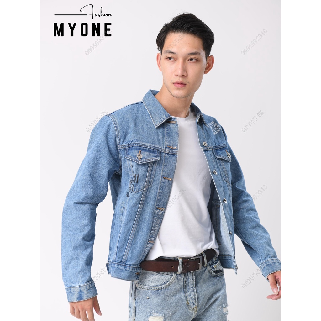 Áo khoác jean nam in hình, form slimfit, 2 màu xanh biển, xanh nhạt, co giãn tốt, MyOne
