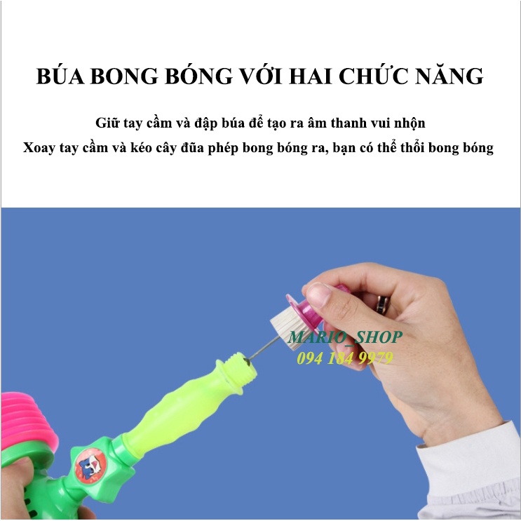 Búa nhựa đồ chơi gắn còi phát ra âm thanh kèm thổi bong bóng vui nhộn dành cho các bé