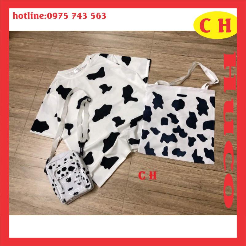 sét áo bò sữa nữ,áo thun tay lỡ loang bò sữa chất cotton mềm mát + túi tote + túi đeo chéo sét áo nam nữ freesize unisex