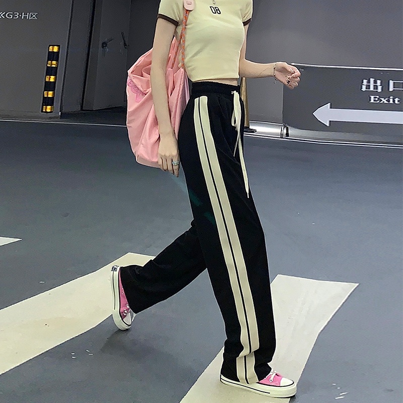 Quần dài ZHELIHANGFEI ống rộng lưng cao họa tiết sọc thời trang cho nữ
