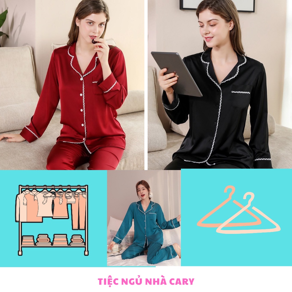 Bộ ngủ pijama nữ dáng dài tay chất lụa phi mặc thu đông siêu xinh CARY | BigBuy360 - bigbuy360.vn