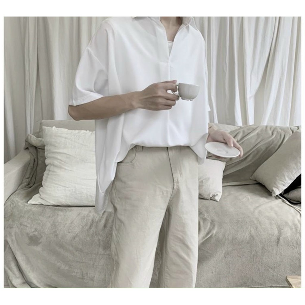 Áo sơ mi Cổ Chui unisex nam nữ form rộng kiểu chồng đầu tay lỡ | BigBuy360 - bigbuy360.vn
