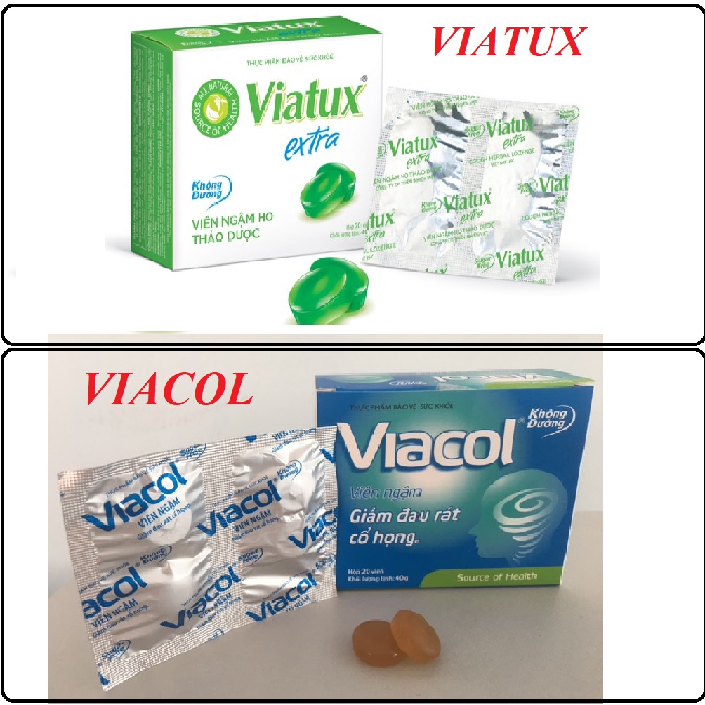 Viên Ngậm Ho Thảo Mộc Viatux Extra,Viacol  Không Đường  (Hộp 20 Viên)