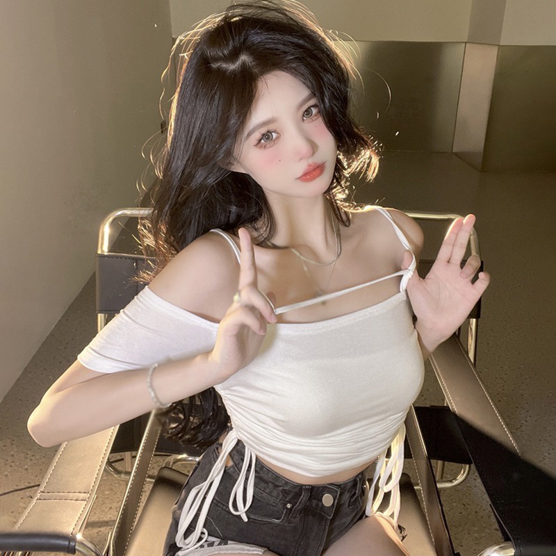 Áo Thun Crop Top Tay Ngắn Mềm Trễ Vai Cột Dây Dáng Ôm Phong Cách Hàn Quốc