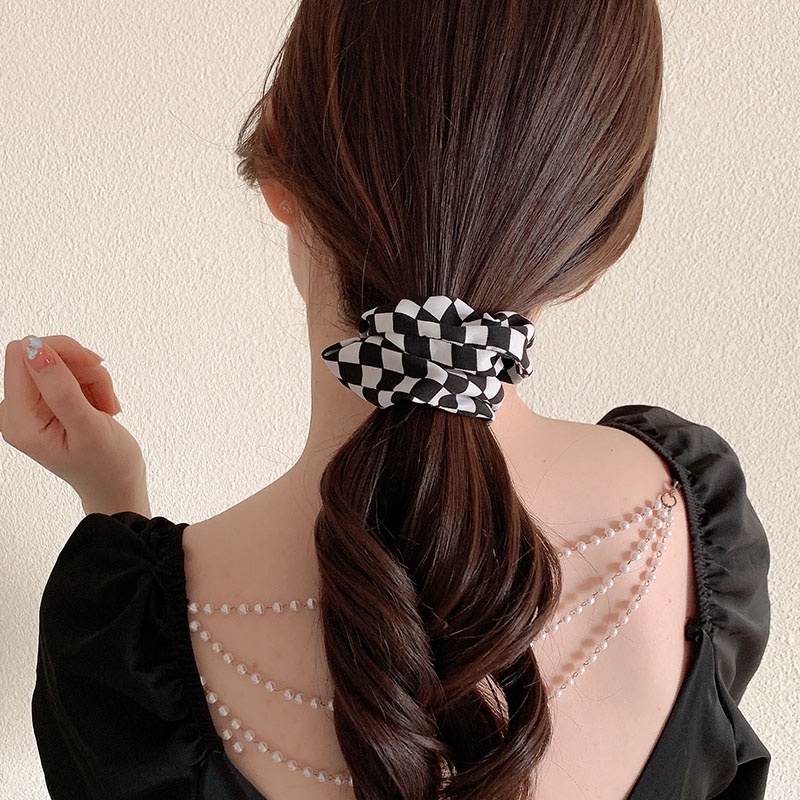 Dây Buộc Tóc Da Họa Tiết Kẻ Ô Cỡ Lớn Đơn Giản Đa Năng Cho Nữ