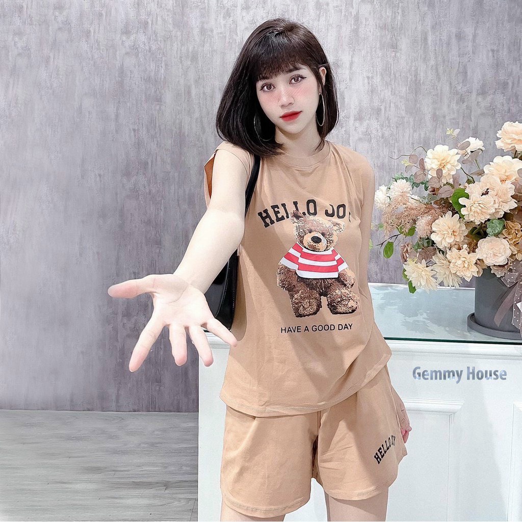 Set bộ thun nữ dễ thương, áo thun ba lỗ in hình gấu, set quần đùi nữ mặc ở nhà, quần short nữ
