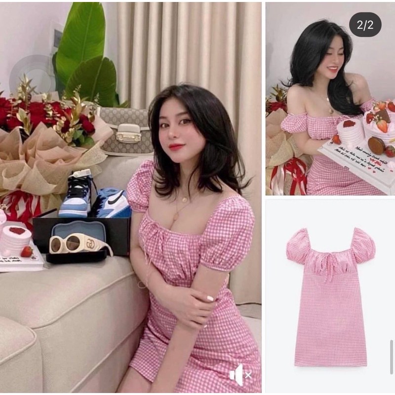 [FREESHIP - HÀNG LOẠI 1] VÁY KẺ HỒNG CỔ VUÔNG SIÊU XINH