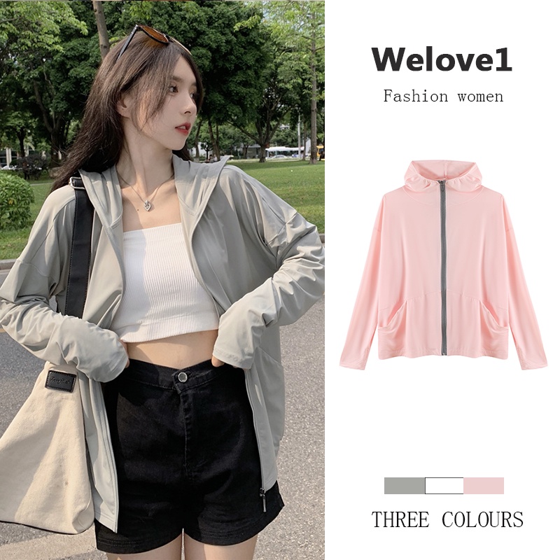 Áo khoác chống nắng tay dài có nón chất vải mỏng nhẹ dáng rộng thời trang Hàn Quốc dành cho nữ
