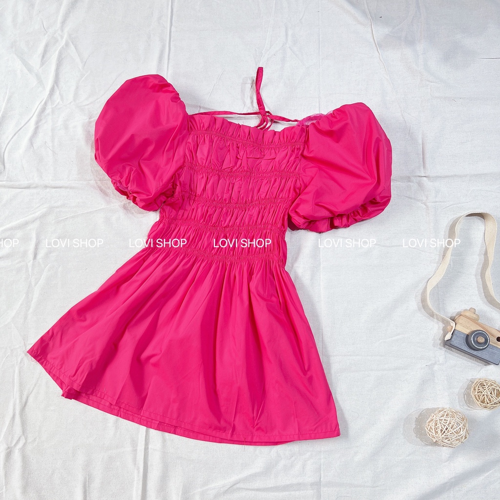 LOVI SHOP- Áo kiểu nữ ngắn tay nhún ngực bẹt vai tay phồng cổ vuông