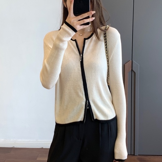 Áo Khoác Cardigan Dệt Kim Cổ Tròn Dáng Ôm Phối Khóa Kéo Đôi Thời Trang Mùa Thu Hàng Mới