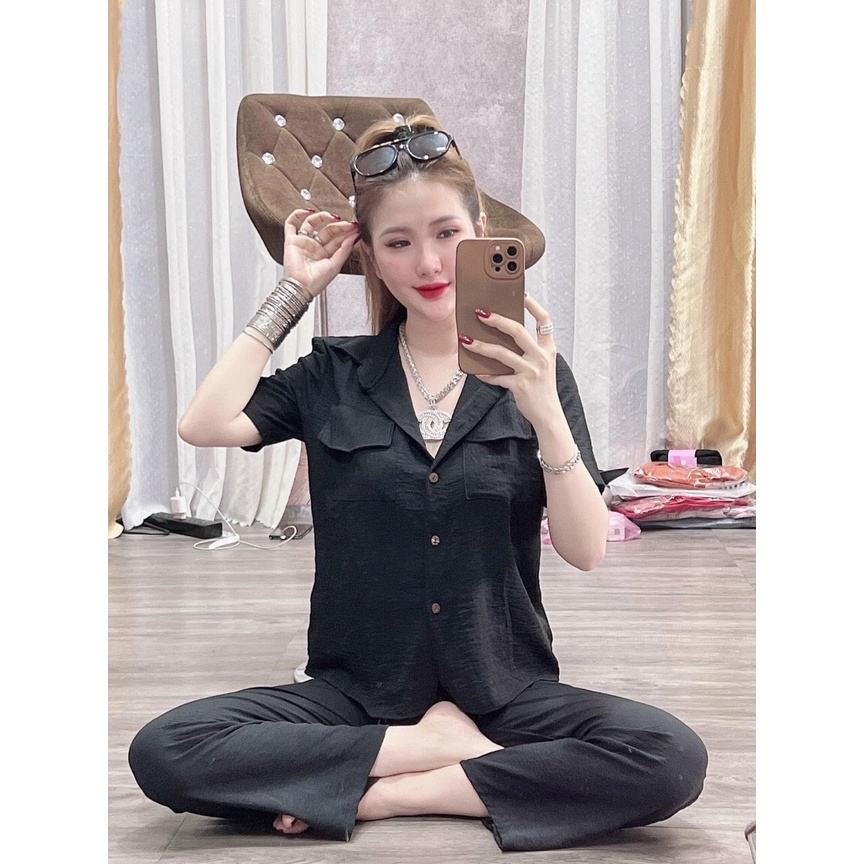 Set bộ sơ mi đũi 2 túi quần dài, bộ nữ cộc tay quần ống xuông đi chơi dạo phố xinh xắn