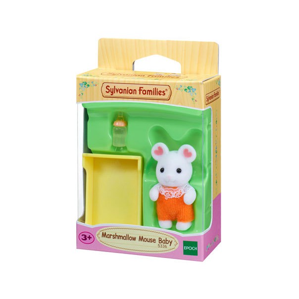 Đồ chơi nhập vai Bé Chuột bông trắng Marshmallow Sylvanian Families kèm nôi và bình sữa