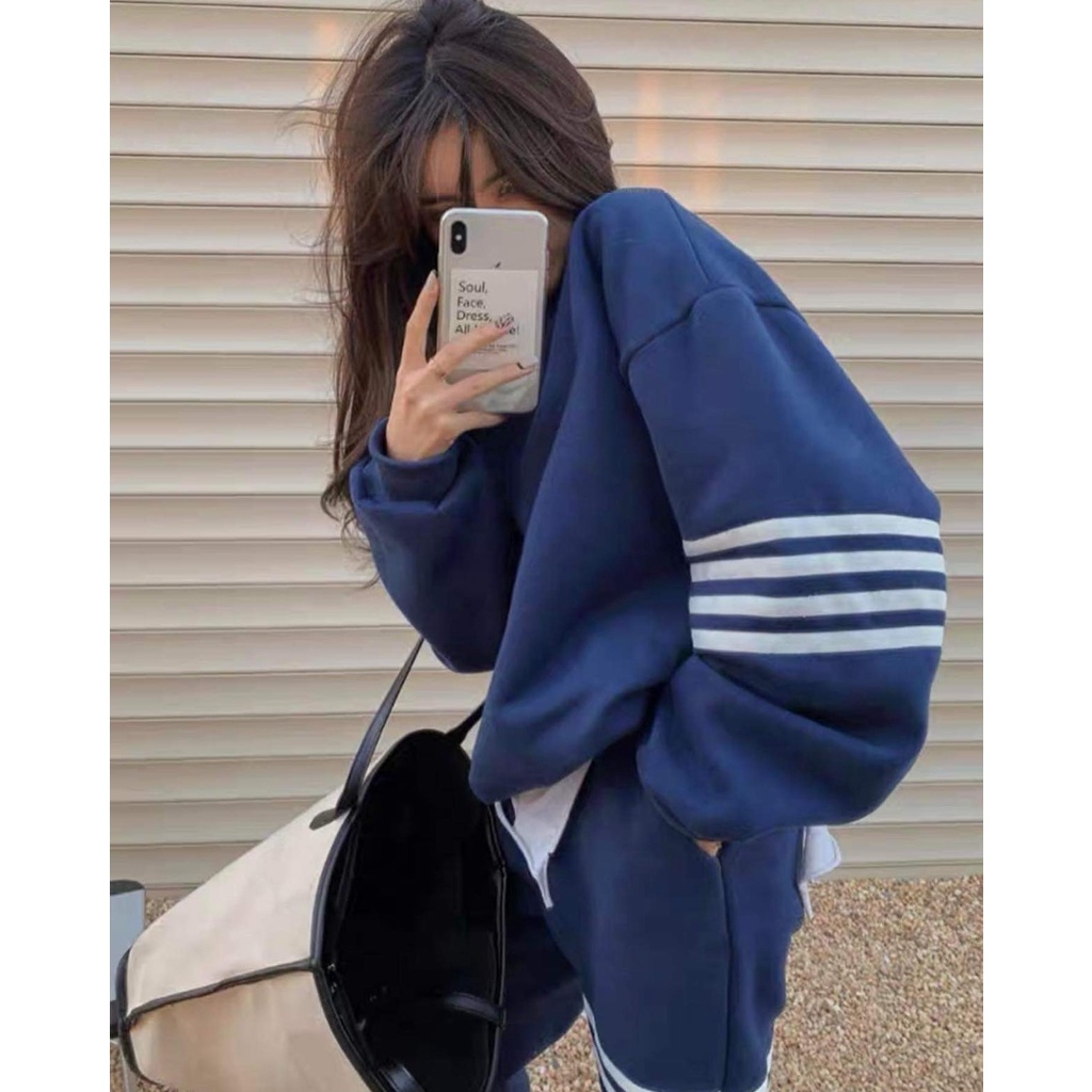 Bộ Nỉ Kẻ Vạch Ngang Nữ [FREESHIP]  Set quần bo gấu kèm áo sweater thể thao kiểu dáng hoodie cá tính Ulzzang