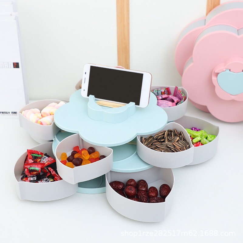 Khay Đựng Bánh Kẹo,Khay Mứt Tết 2 Tầng, Xoay Nở Hoa 10 Cánh Siêu Đẹp Cho Ngày Tết