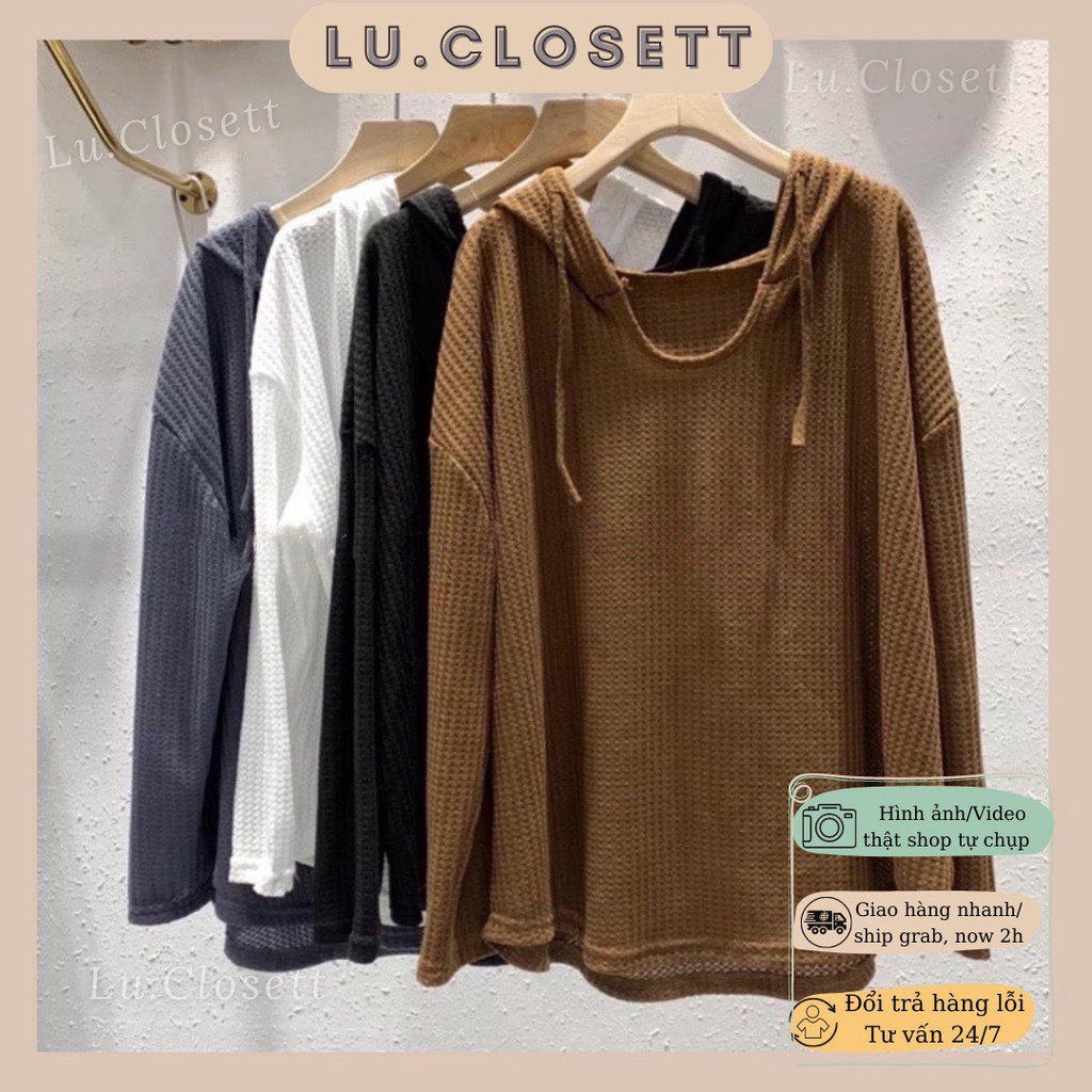 Áo len gạo hoodie ulzzang có mũ giấu quần, thun sweater form rộng bassic dài tay Lu.closett | BigBuy360 - bigbuy360.vn