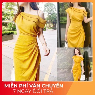 (FREESHIP+ẢNH THẬT) VÁY DỰ TIỆC VÁY VÀNG LỤA LỆCH VAI V1519