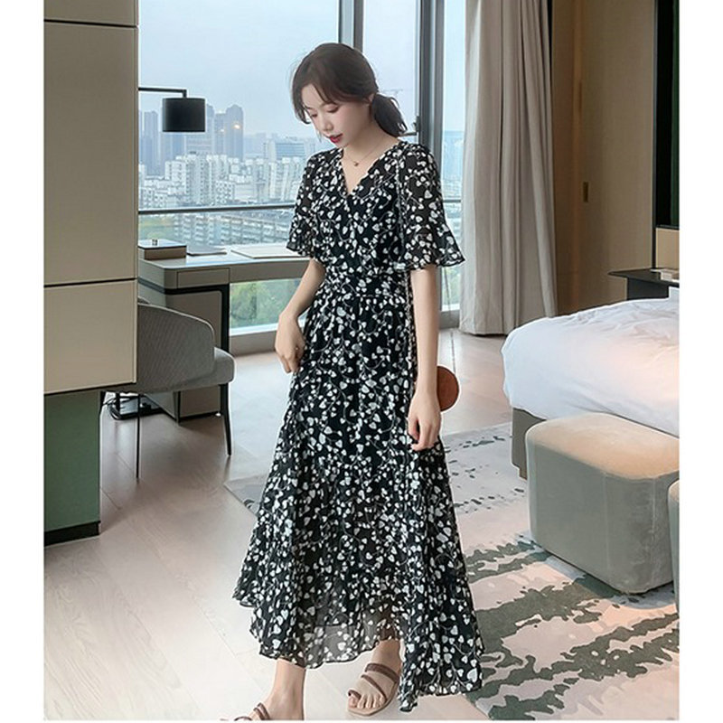 Đầm Voan Hoa Dài Qua Gối Cổ Chữ v Màu Đen Thời Trang Cho Nữ