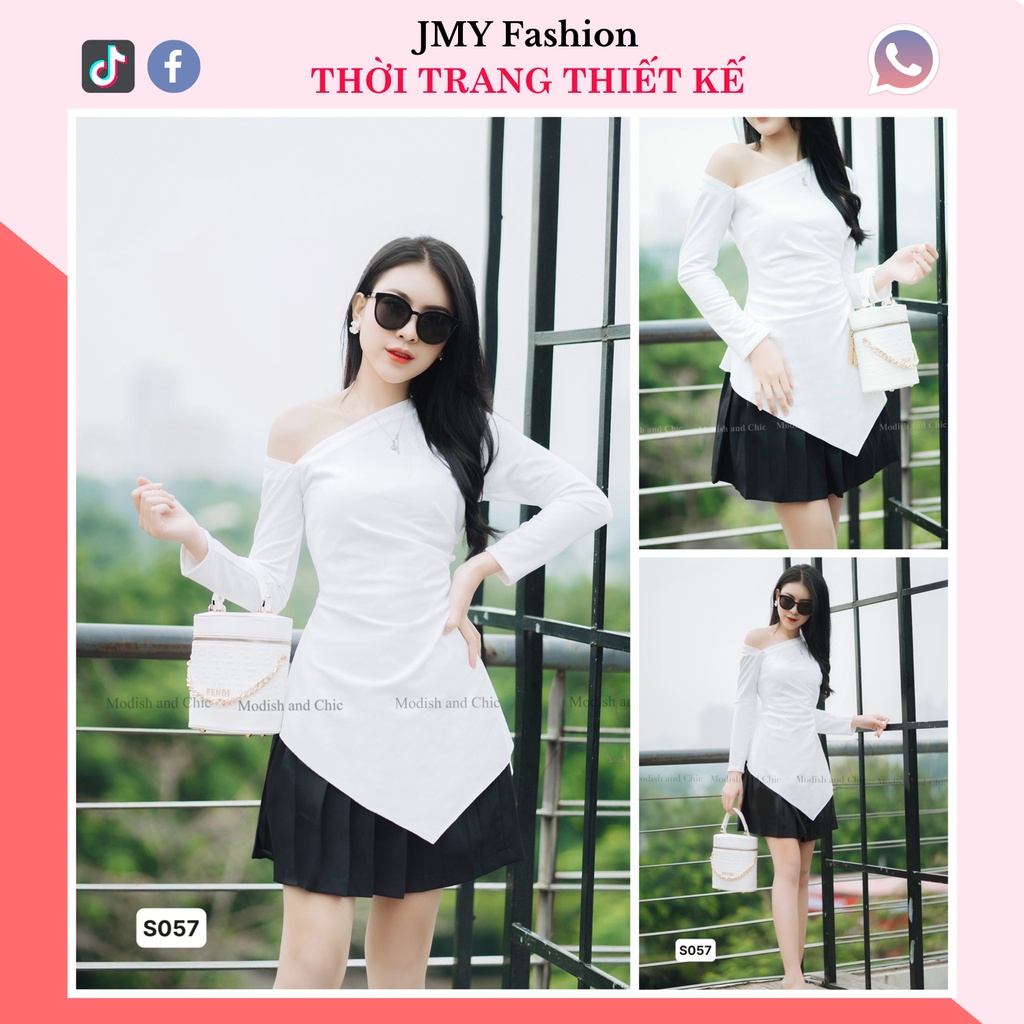 áo lệch vai dài tay nhún eo A057, chân váy nữ sinh xếp ly xoè ngắn Cv057 - MC