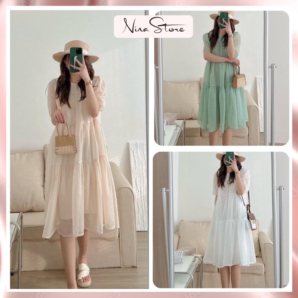 Váy babydoll cộc tay chấm bi hạt nổi đầm nữ dáng dài 2 lớp voan tơ bồng bềnh đầm xòe tầng ulzzang NinaStore