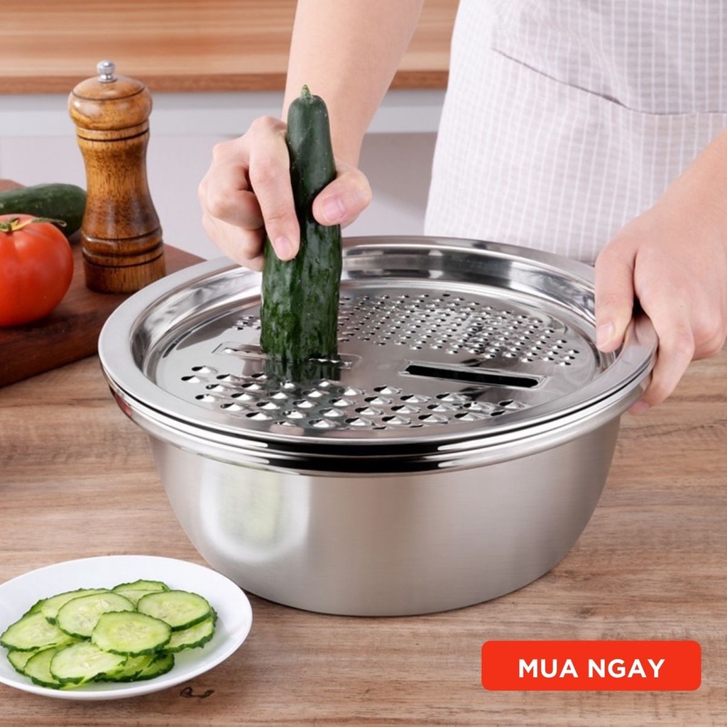 Bộ thau rổ bào cắt rau củ ba món kèm chậu inox 304 không gỉ nhiều chức năng cao cấp tiện lợi - Đồ dùng bếp cao cấp