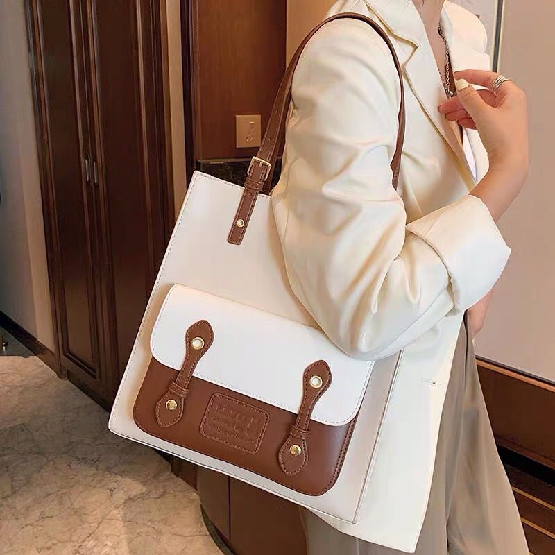 Túi tote da đeo vai có ngăn túi nhỏ trước style ullzang Hàn Quốc P107