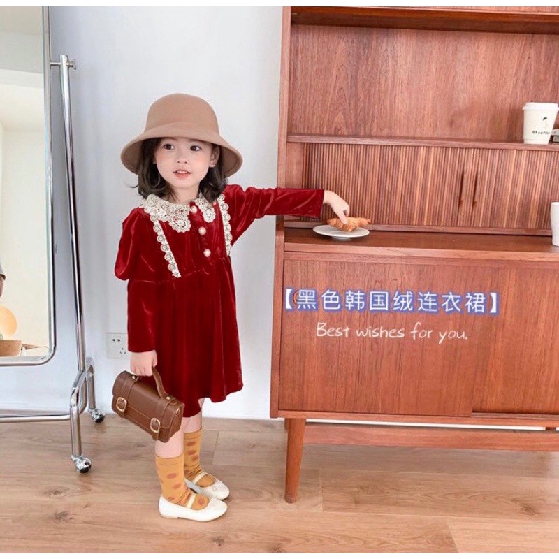 VÁY NHUNG ĐỎ PHỐI REN 80-130 BÉ GÁI