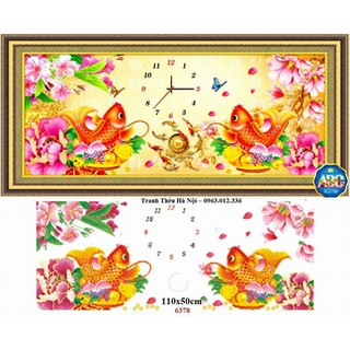 tranh đính đá cá chép đồng hồ kt 110x50cm