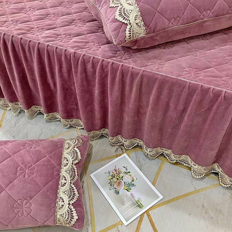 Set ga gối nỉ nhung phủ bèo trần hoa 8 cánh, trần trám, thảm trải giường nỉ nhung phủ dài tặng kèm túi giặt xinh