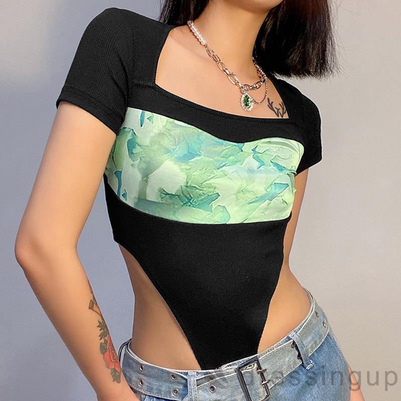 Áo Liền Quần Tay Ngắn Cổ Vuông Dáng Ôm Phối Màu Tương Phản Thời Trang Cho Nữ