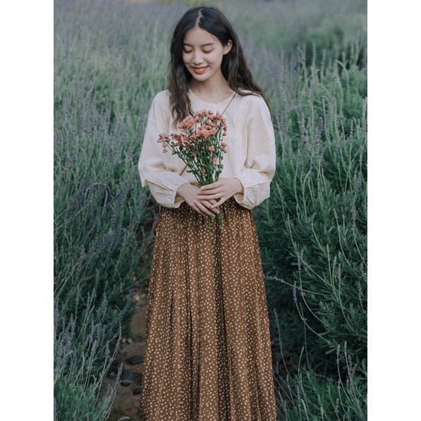 Chân váy xoè midi Vintage hoa nhí phong cách retro Hàn Quốc nữ sinh chữ A hoạ tiết bohochic xinh xắn