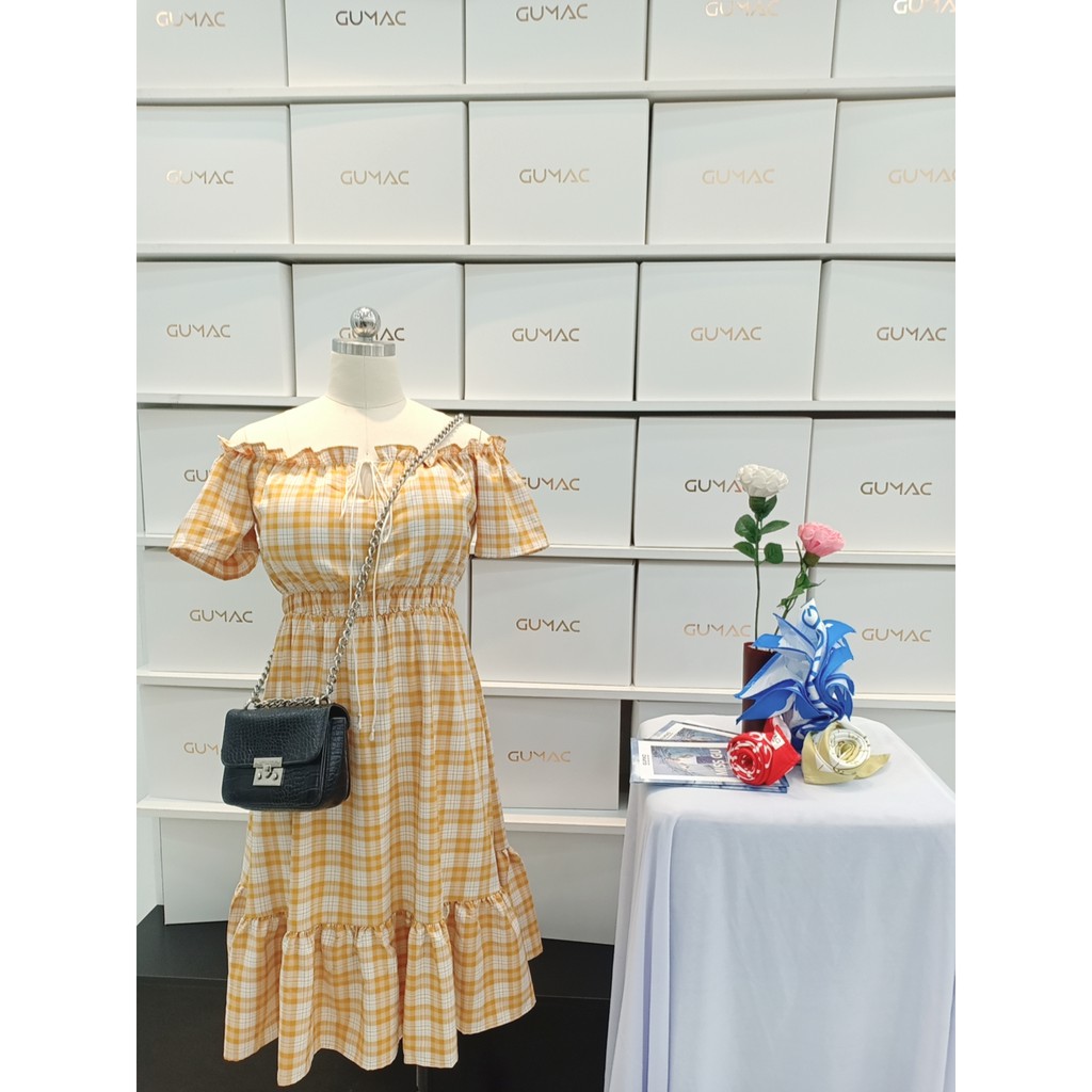 [Mã MABR07062 giảm 8% tối đa 50K đơn từ 249K] Đầm xòe nữ trễ vai caro GUMAC DB691 | BigBuy360 - bigbuy360.vn