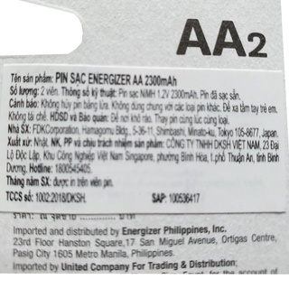 Vỉ 2 viên pin sạc AA 2300mAh 1.2V Energizer- Made in Japan