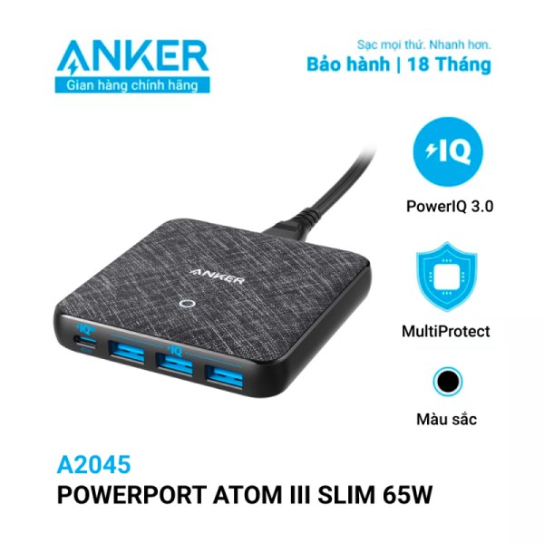 Cục sạc 4 cổng USB Type C PD 65W Anker PowerPort Atom III Slim A2045 Đen