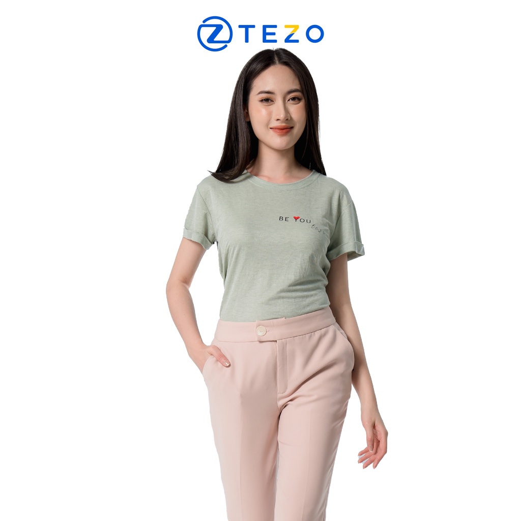 Áo phông nữ vai chồm cửa tay lật in ngực Tezo thoải mái năng động 2202APOB20
