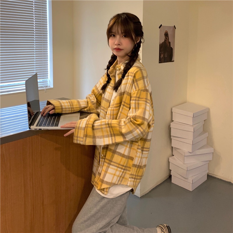 Áo sơ mi tay dài dáng rộng họa tiết caro phong cách Hàn Quốc thời trang cho nữ