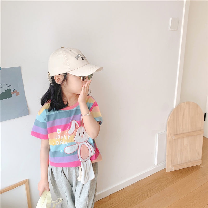 Áo Thun Kẻ Sọc Ngắn Tay Hình Gấu Hoạt Hình Đáng Yêu Thời Trang Mùa Hè Dành Cho Bé Gái 2023