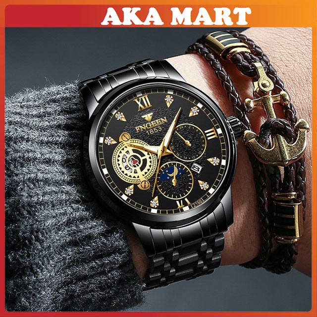 Đồng hồ nam chính hãng FNGEEN dây thép cao cấp không gỉ, Đồng hồ nam cơ chính hãng đẹp 2166 - Aka Mart