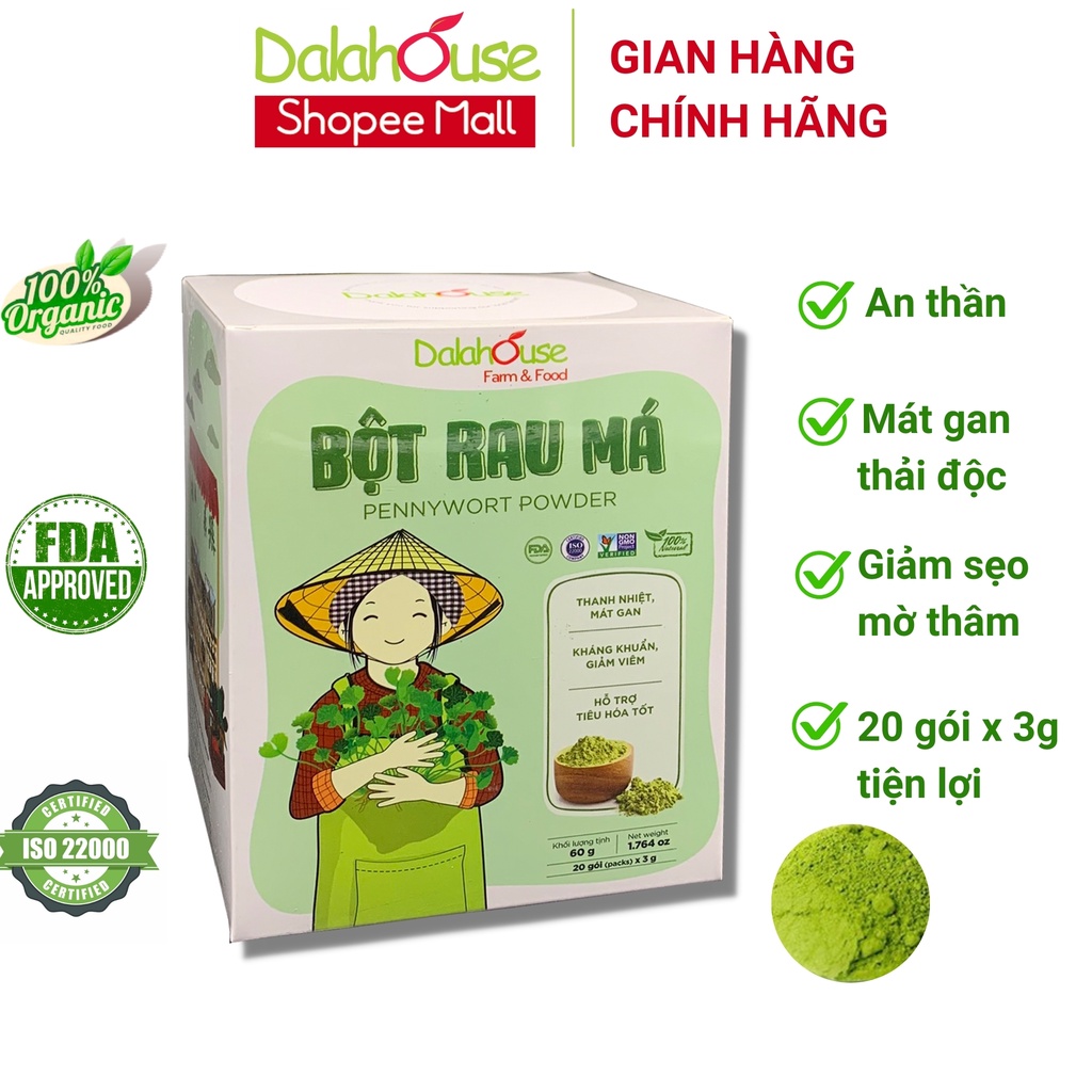 Bột rau má organic sấy lạnh Dalahouse nguyên chất 60gr mát gan giải độc, đạt tiêu chuẩn Châu Âu