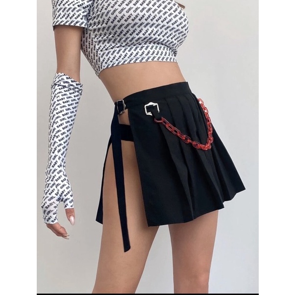 [Hàng có sẵn] Half tenis skirt chân váy tenis cắt xẻ phối dây xích thời trang