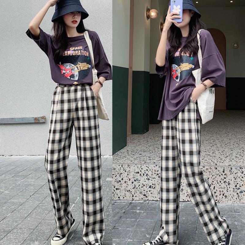 3293❤️ korean pants for women plus size high waist plaid pants loose casual straight leg full length